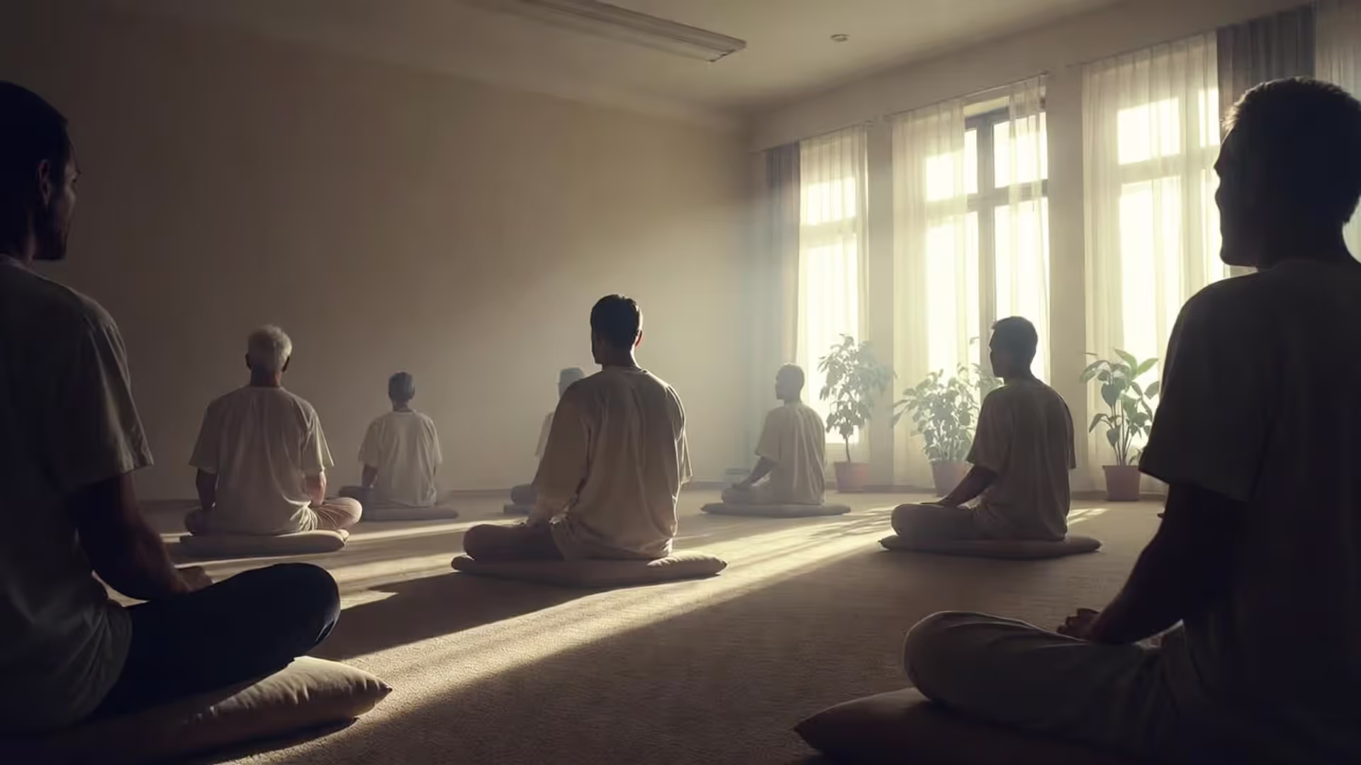 Meditation hall at a retreat center with participants seated on cushions and a “Silence” sign.